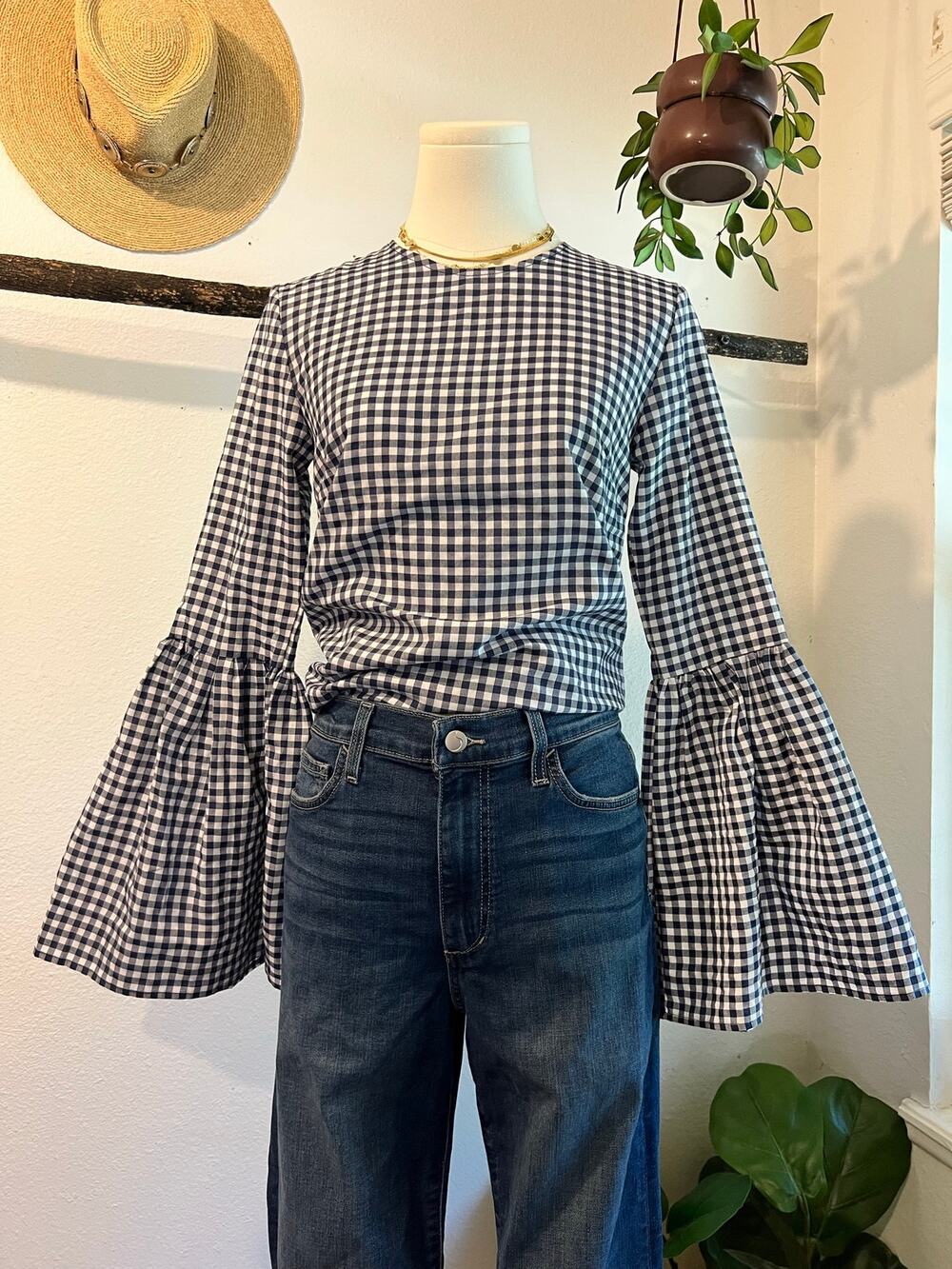 MLM Label Blue Gingham Long Sleeve Bell Sleeve Blouse Size XS